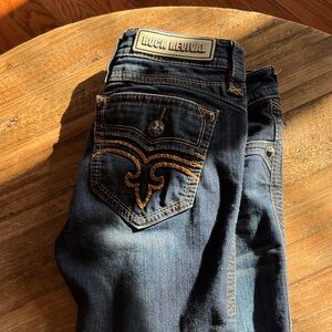 Rock Revival Dark Blue Jeans with Gold Stitching